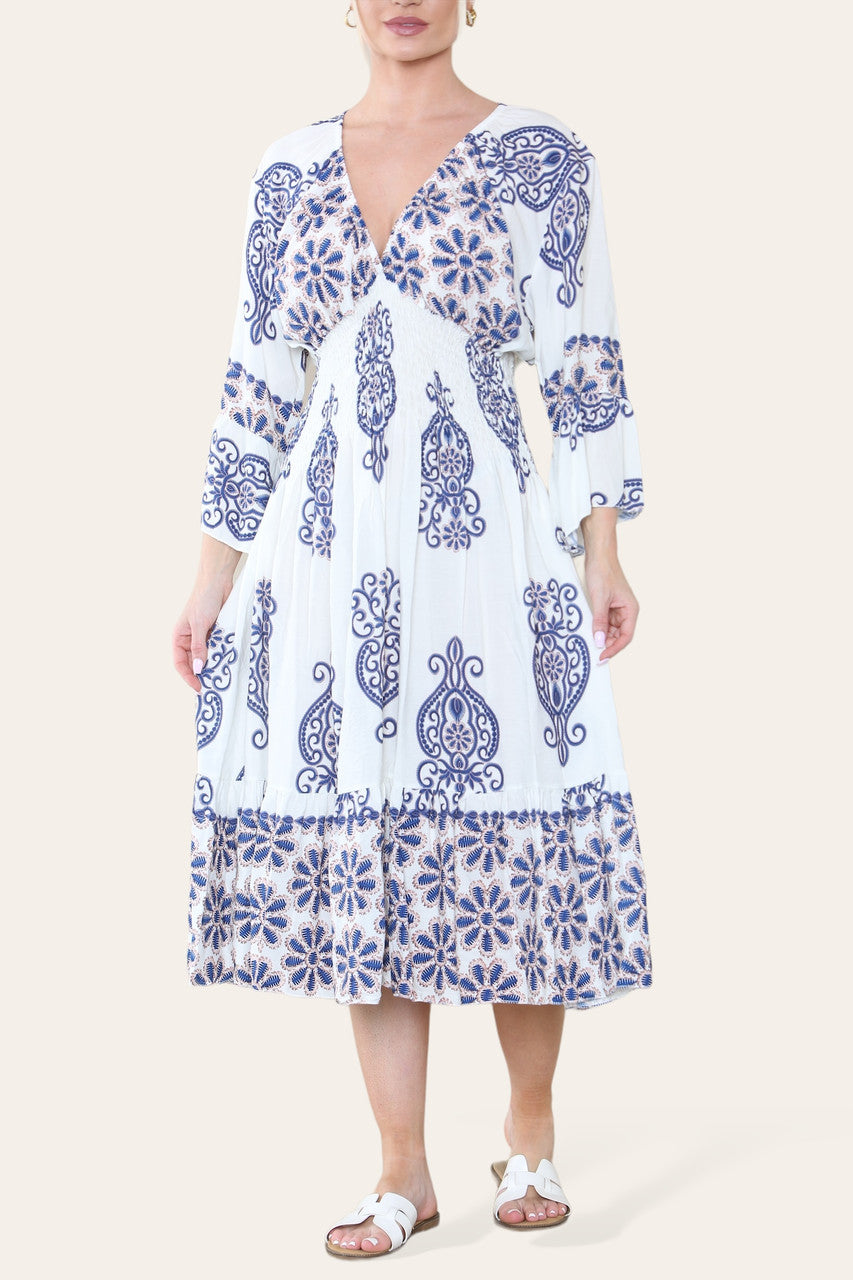 MIDI JURK MET PAISLEYPRINT EN ELASTISCHE TAILLE NAVY