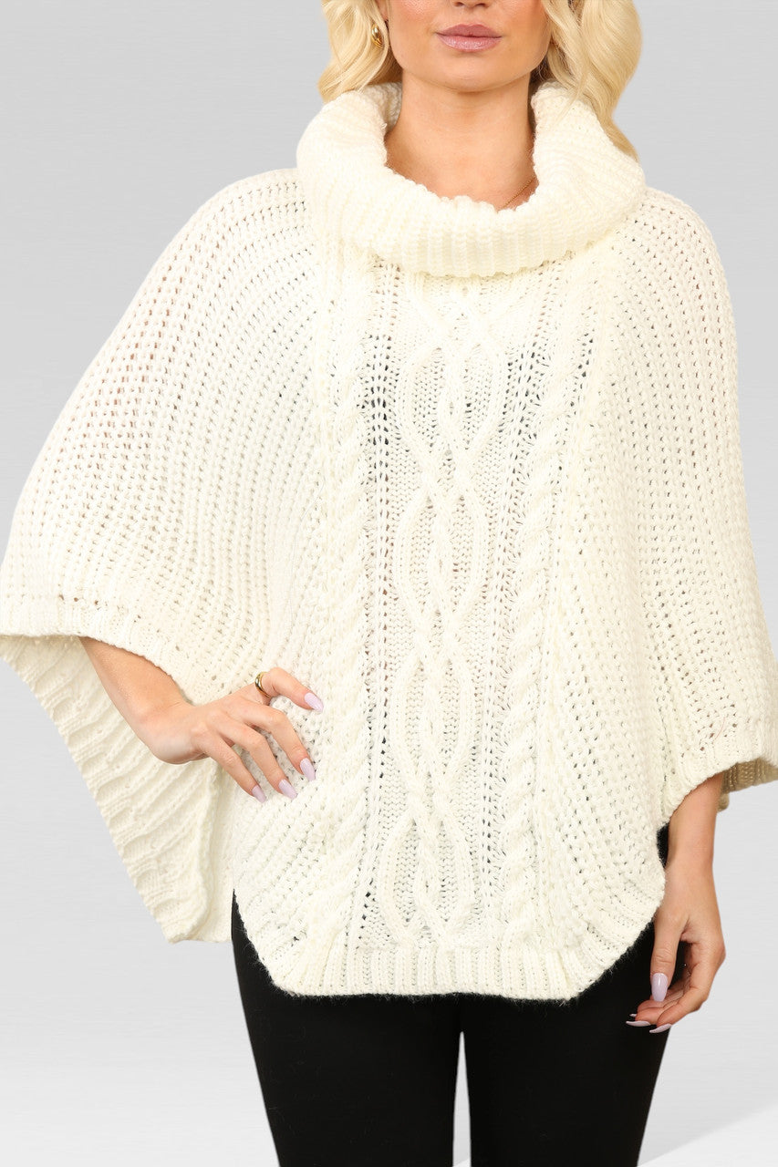 KABELGEBREIDE PONCHO MET COL IN CRÈME