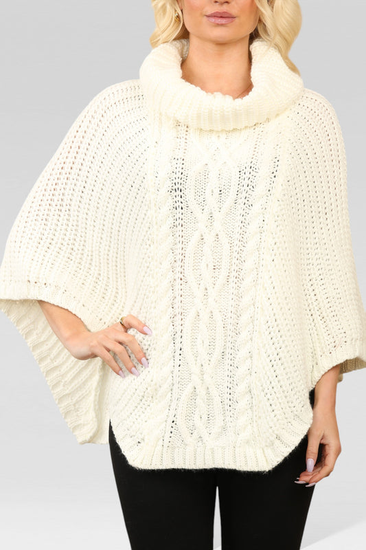 CABLE KNITTED COWL NECK PONCHO CREAM