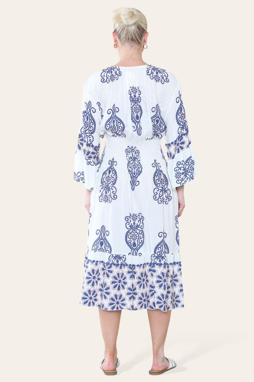 MIDI JURK MET PAISLEYPRINT EN ELASTISCHE TAILLE NAVY