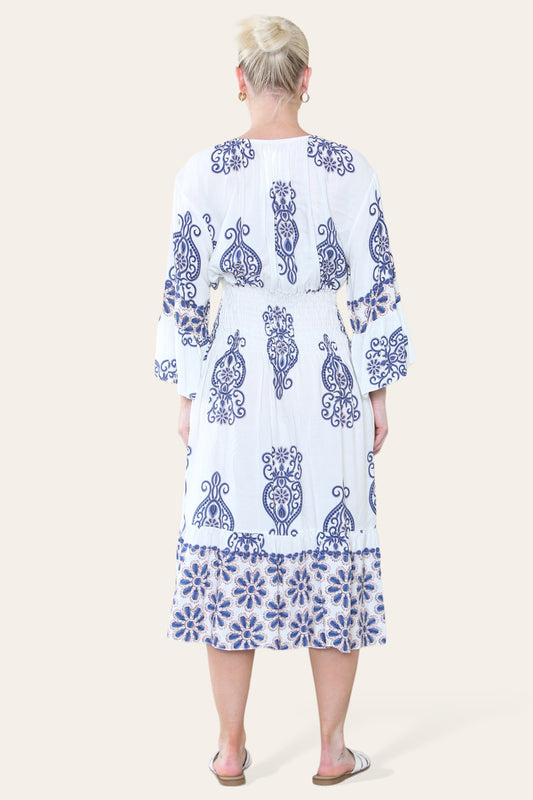 ELASTICATED WAIST PAISLEY PRINT MIDI DRESS NAVY