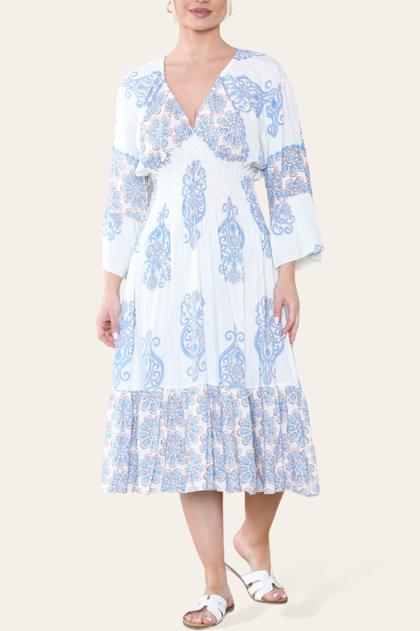MIDI-JURK VAN DENIM MET PAISLEYPRINT EN ELASTISCHE TAILLEBAND