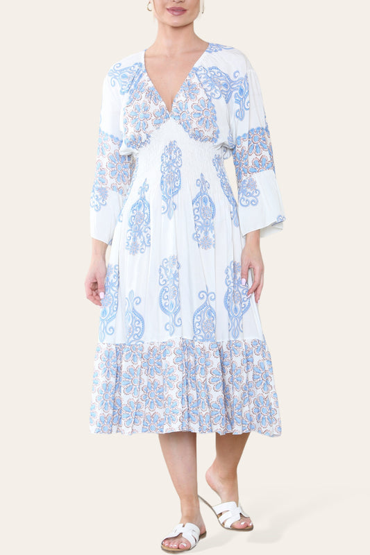 ELASTICATED WAIST PAISLEY PRINT MIDI DRESS DENIM