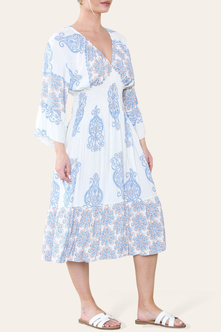 MIDI-JURK VAN DENIM MET PAISLEYPRINT EN ELASTISCHE TAILLEBAND