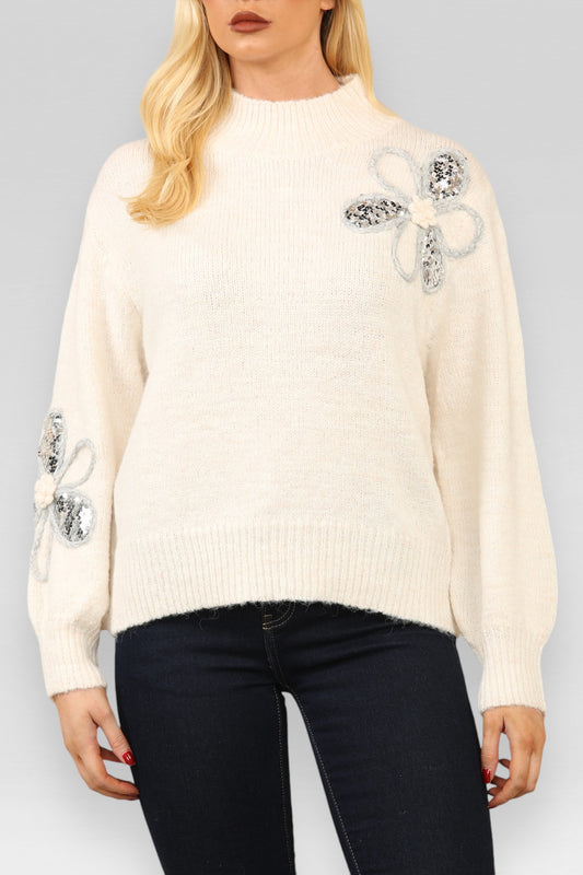 FLORAL EMBROIDERED SEQUIN DETAIL KNITTED JUMPER CREAM