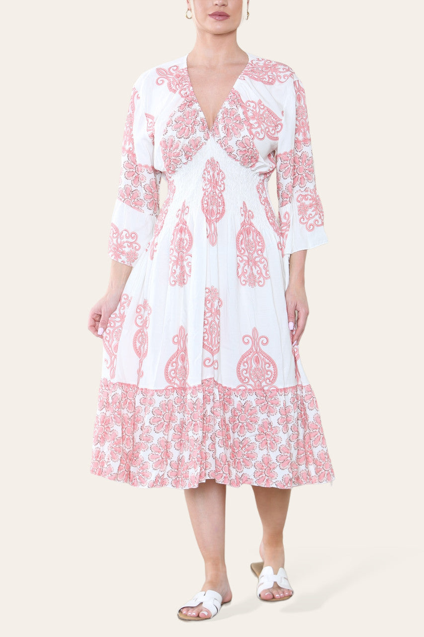 ELASTICATED WAIST PAISLEY PRINT MIDI DRESS PINK
