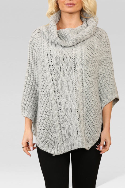 CABLE KNITTED COWL NECK PONCHO SILVER