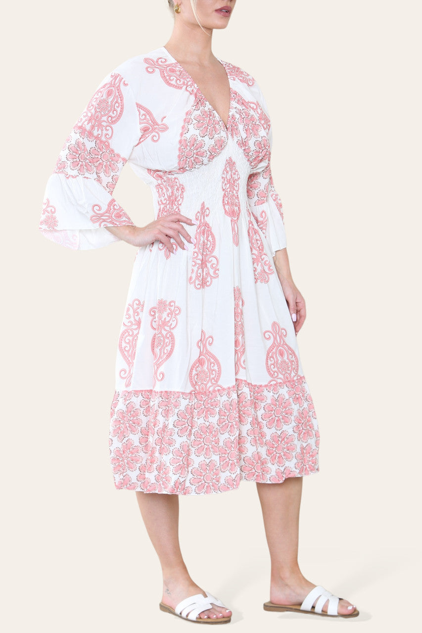ELASTICATED WAIST PAISLEY PRINT MIDI DRESS PINK