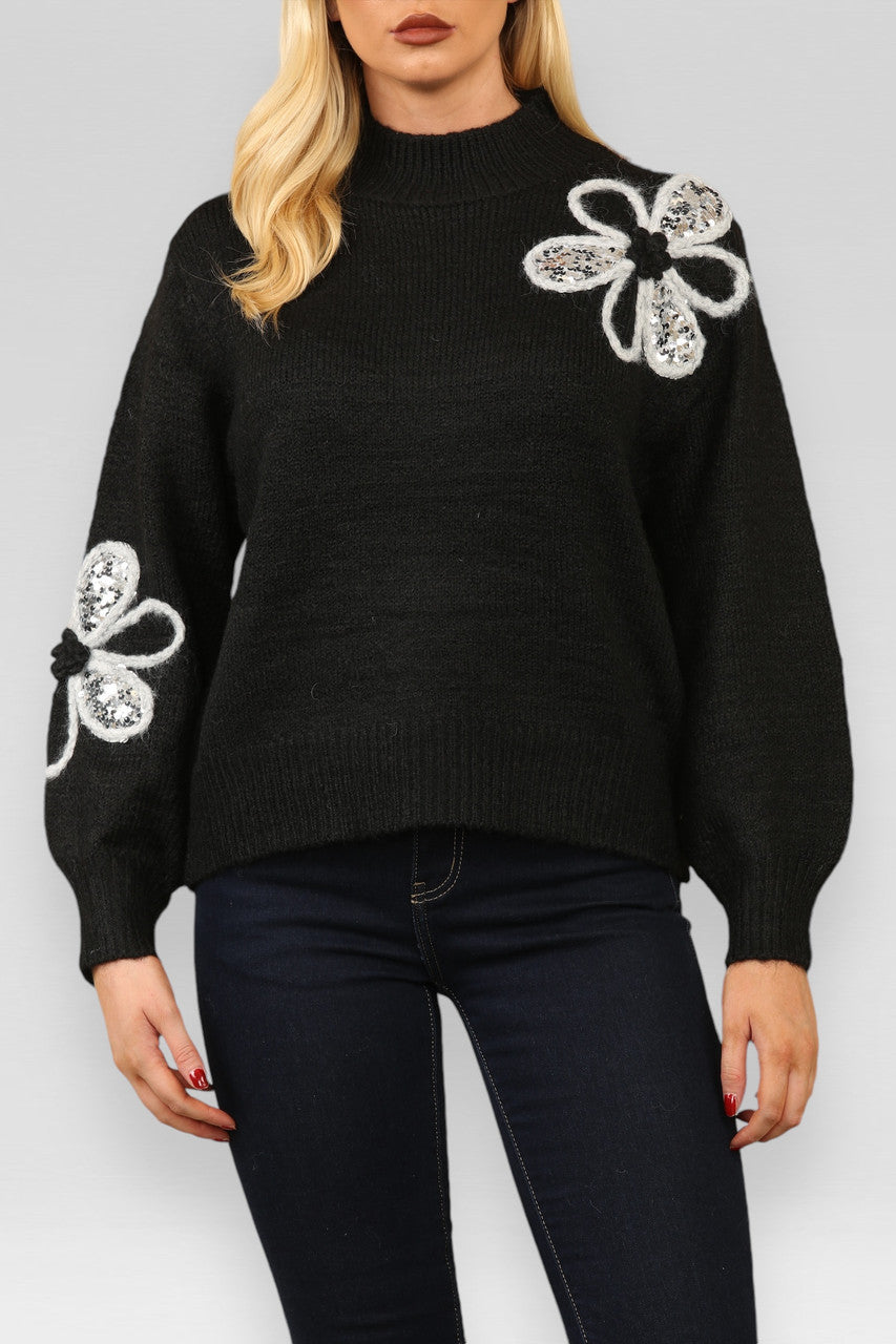 GEBREIDE TRUI MET GEBORDUURDE BLOEMEN EN PAILLETTEN ZWART