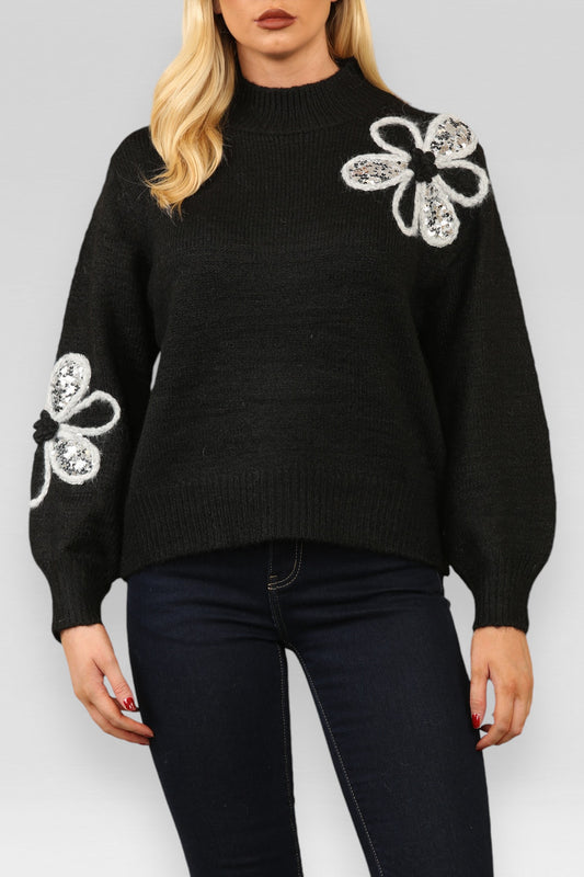 FLORAL EMBROIDERED SEQUIN DETAIL KNITTED JUMPER BLACK