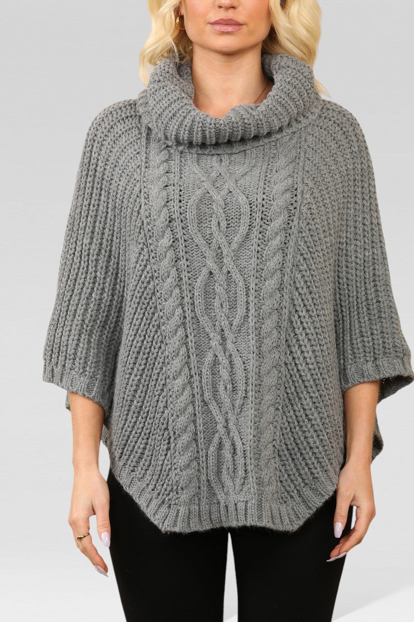 KABELGEBREIDE PONCHO MET COL IN HOUTSKOOLGRIJS