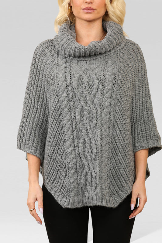 CABLE KNITTED COWL NECK PONCHO CHARCOAL
