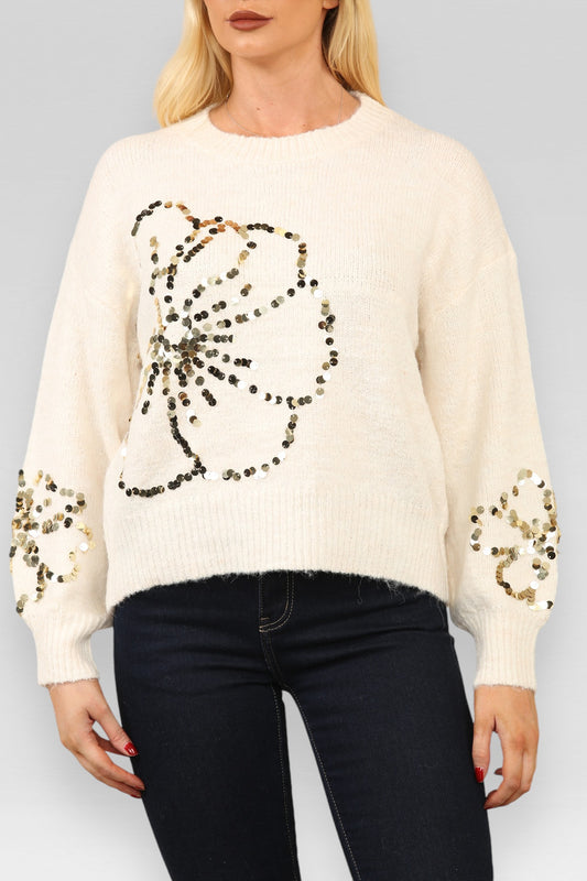 FLORAL SEQUIN DETAIL KNITTED JUMPER CREAM