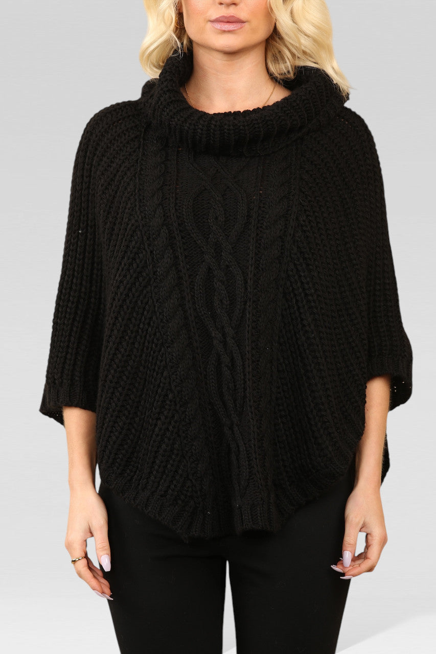 KABELGEBREIDE COLTRUI PONCHO ZWART