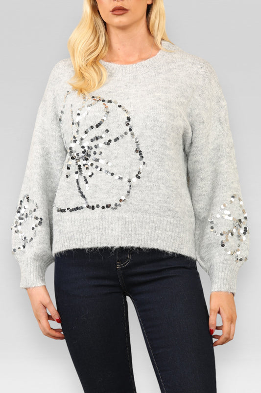 FLORAL SEQUIN DETAIL KNITTED JUMPER GREY