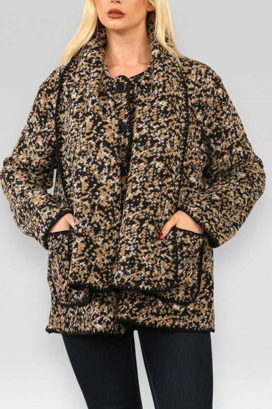 BLANKET STITCH HEM BUTTON THROUGH JACKET WITH MATCHING SCARF BLACK