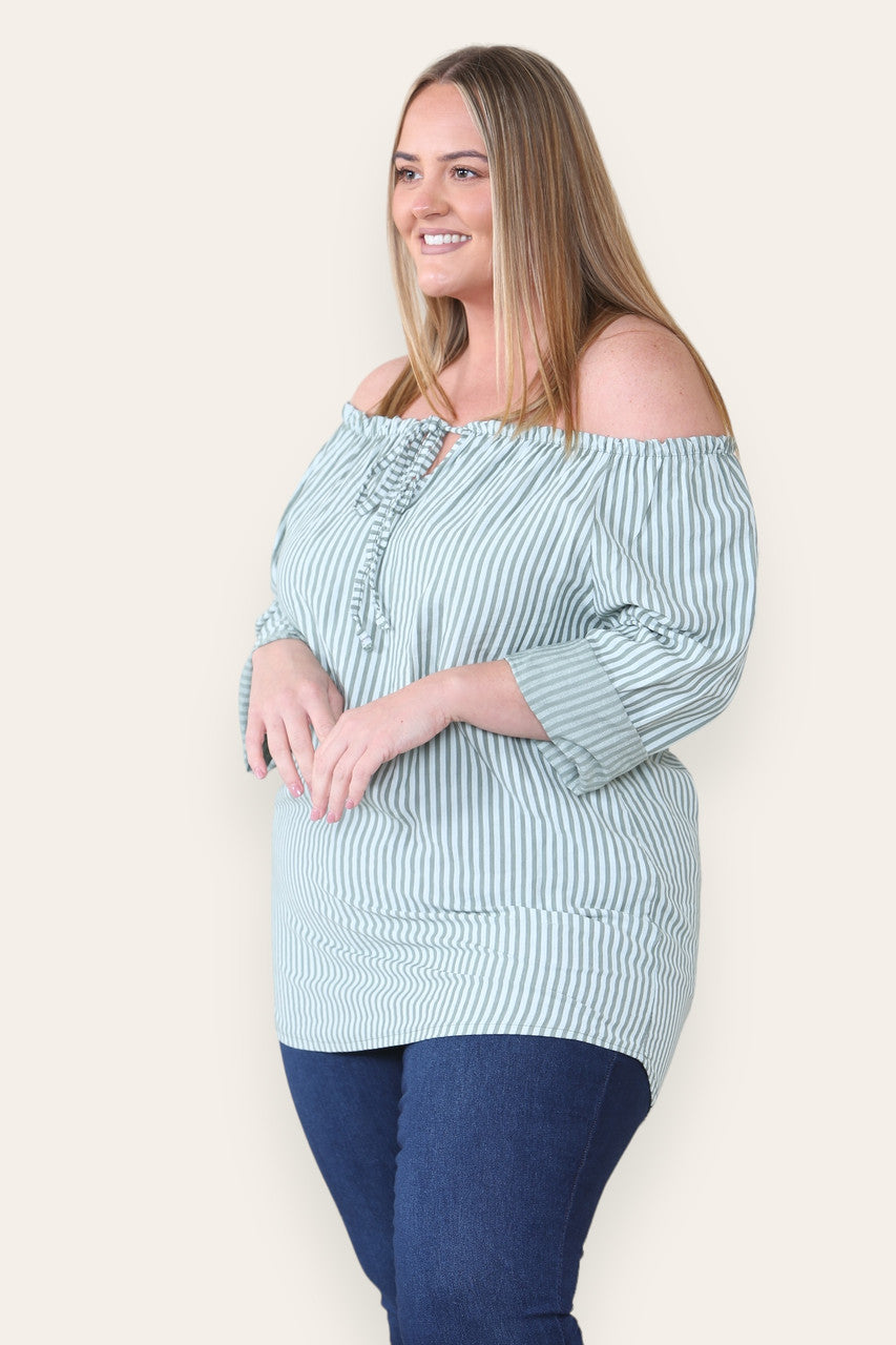 STRIPE TIE FRONT BARDOT TOP KHAKI