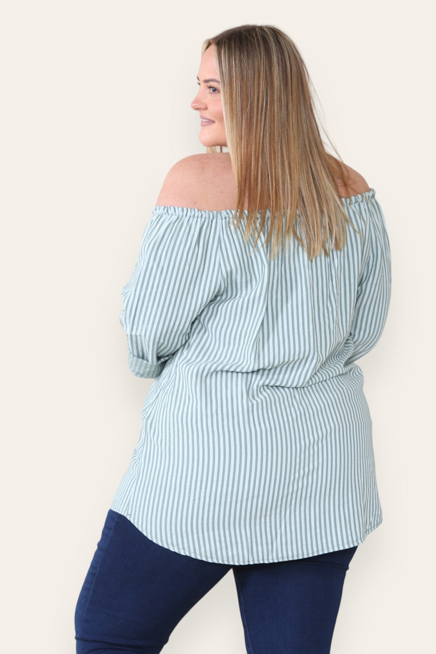 STRIPE TIE FRONT BARDOT TOP KHAKI