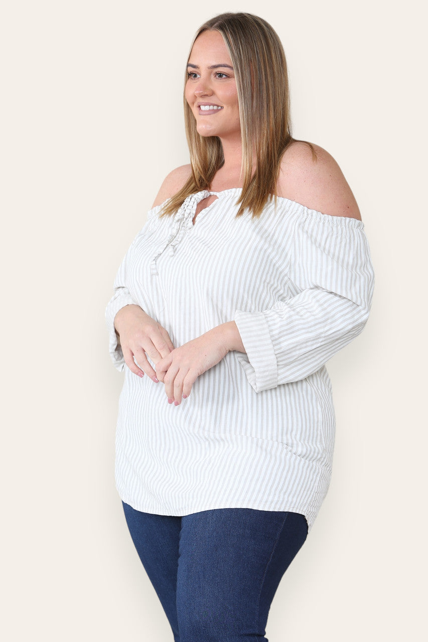 GESTREEPT BARDOT TOP MET STRIKSLUITING STEENKLEURIG
