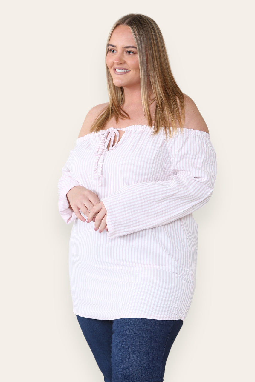 Gestreepte Bardot Top met Strikceintuur Oudroze