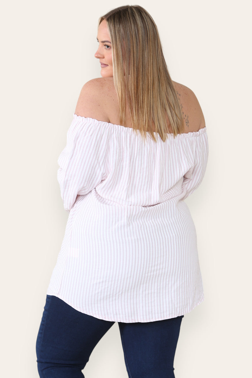 Gestreepte Bardot Top met Strikceintuur Oudroze