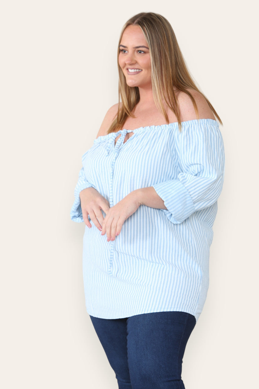 STRIPE TIE FRONT BARDOT TOP LIGHT BLUE