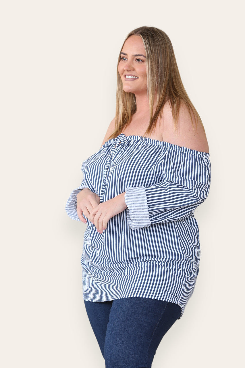 STRIPE TIE FRONT BARDOT TOP WHITE