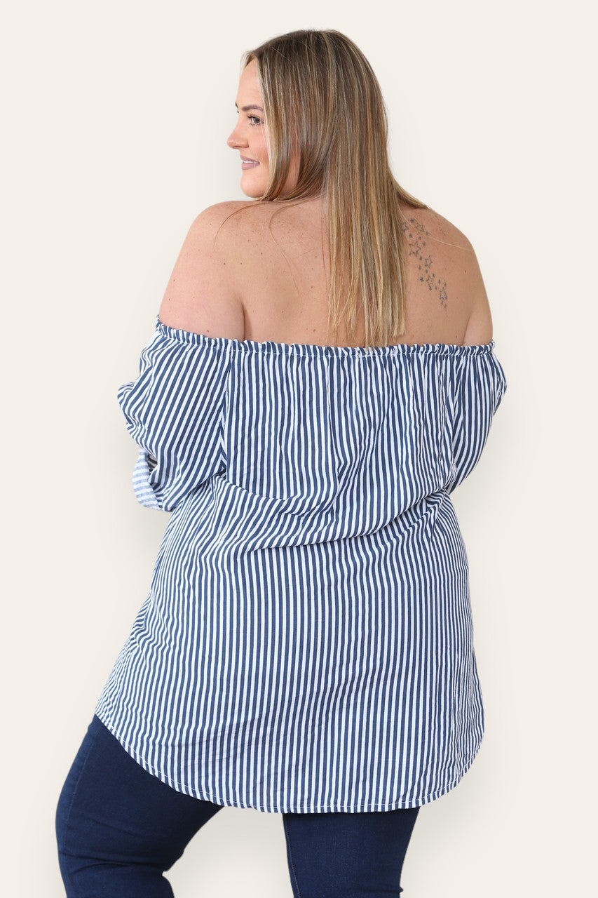 STRIPE TIE FRONT BARDOT TOP WHITE
