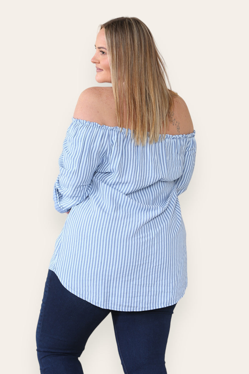 GESTREEPTE BARDOT TOP MET STRIKSLUITING VAN DENIM