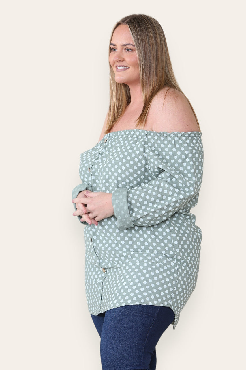 POLKA DOT BUTTON FRONT BARDOT TOP KHAKI
