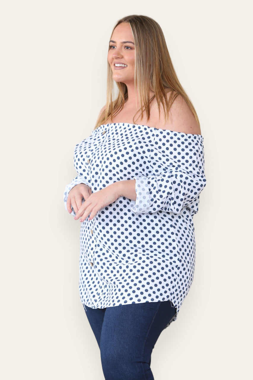 POLKA DOT BUTTON FRONT BARDOT TOP WHITE