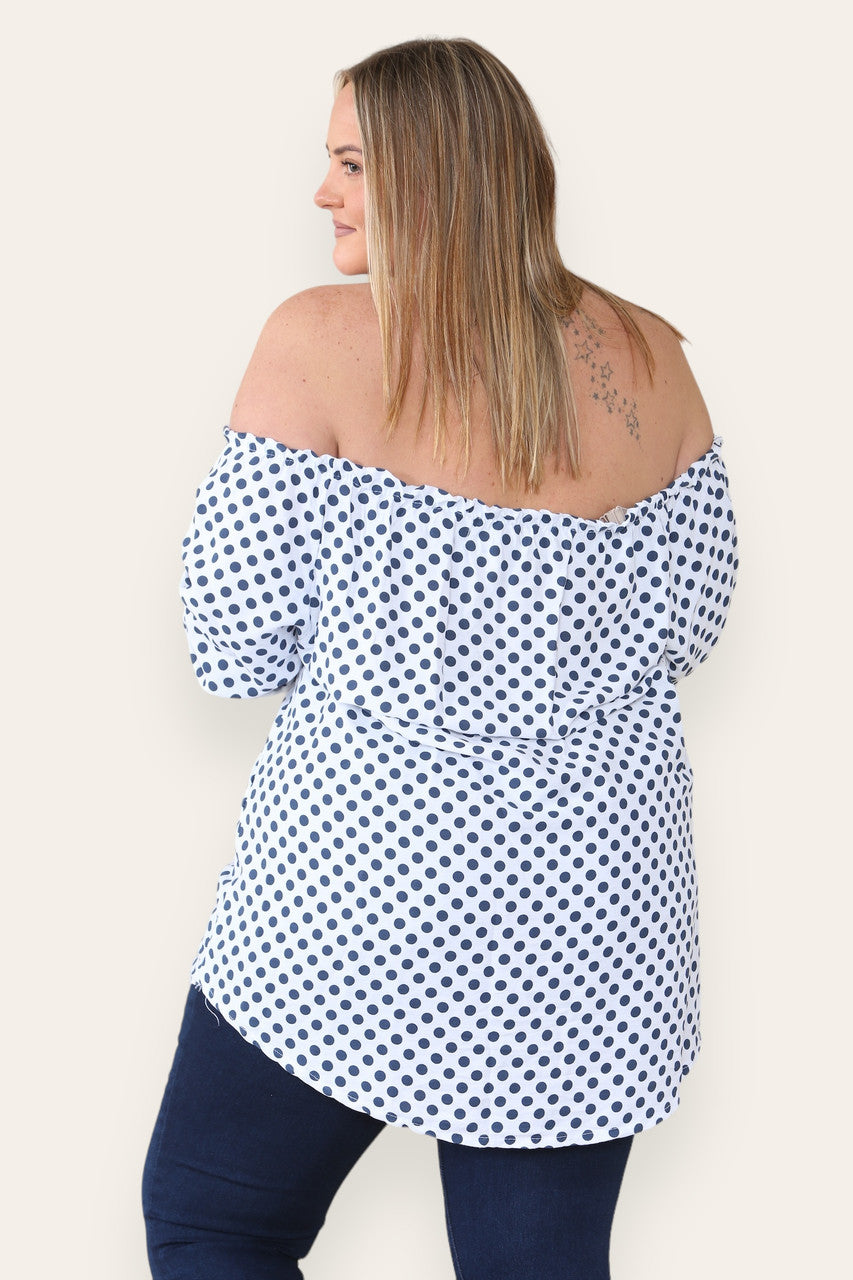 POLKA DOT BUTTON FRONT BARDOT TOP WHITE
