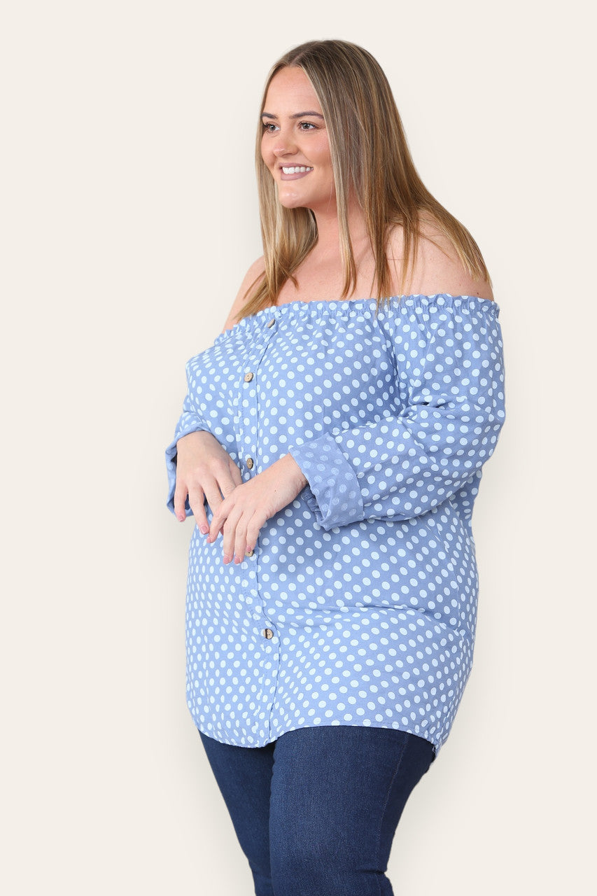 POLKA DOT BUTTON FRONT BARDOT TOP DENIM