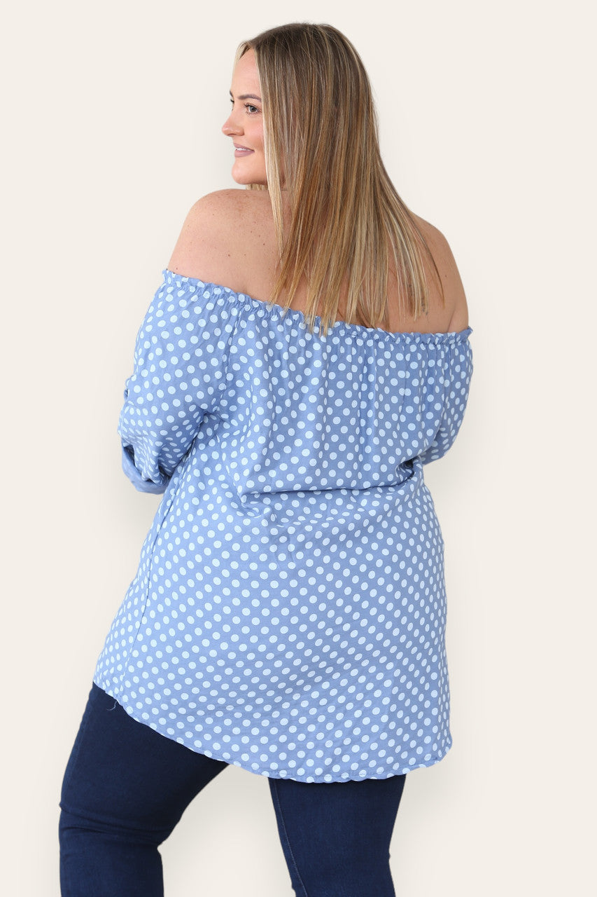 POLKA DOT BUTTON FRONT BARDOT TOP DENIM