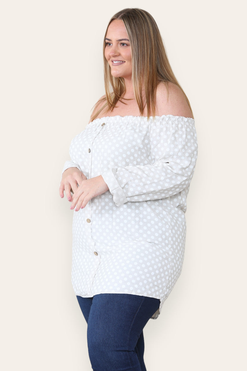 POLKA DOT BUTTON FRONT BARDOT TOP STONE