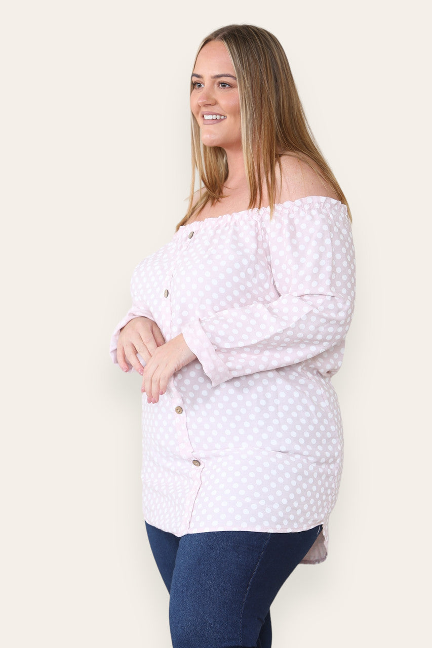 POLKA DOT BUTTON FRONT BARDOT TOP DUSTY PINK