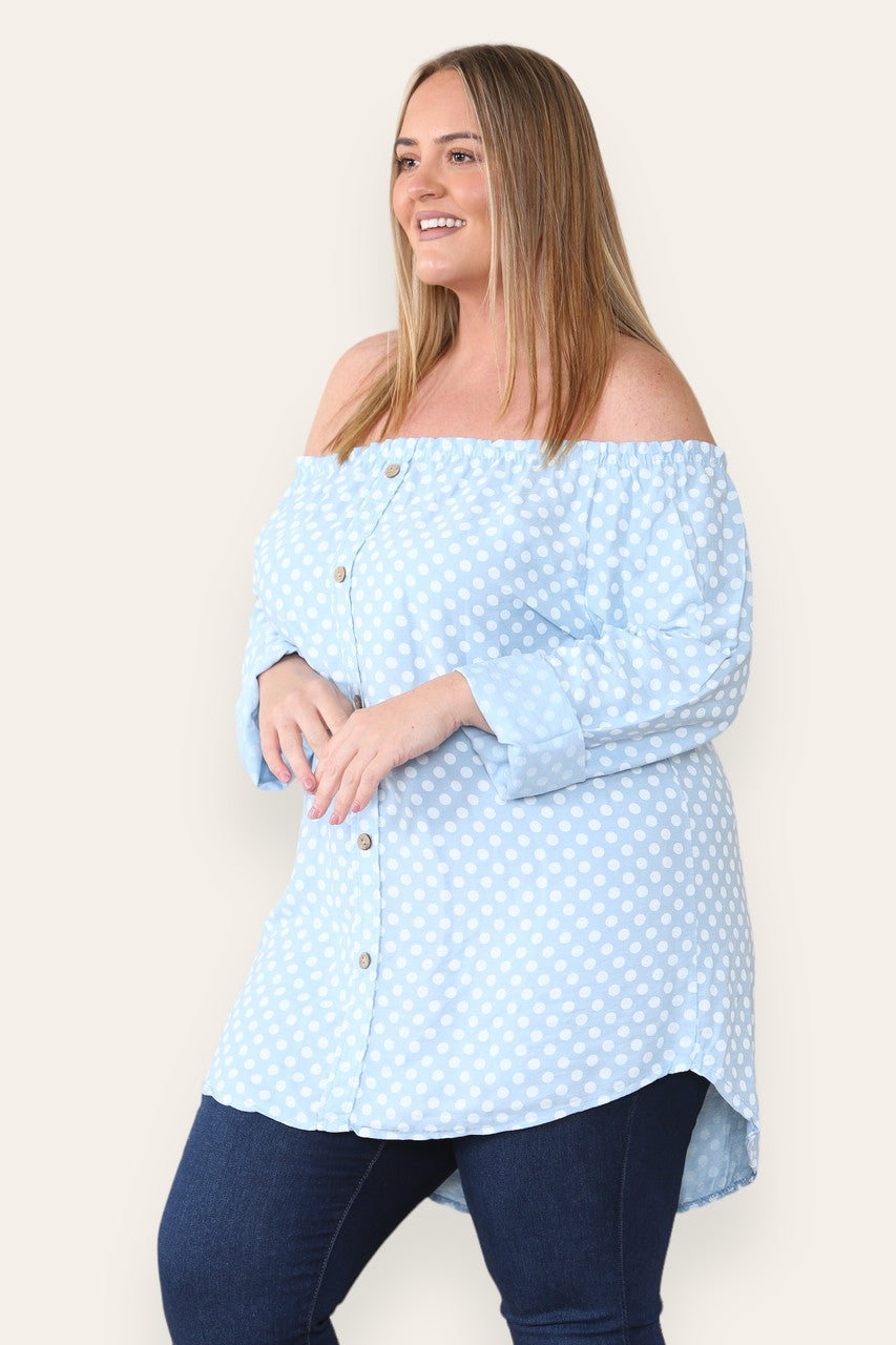 POLKA DOT BUTTON FRONT BARDOT TOP LIGHT BLUE