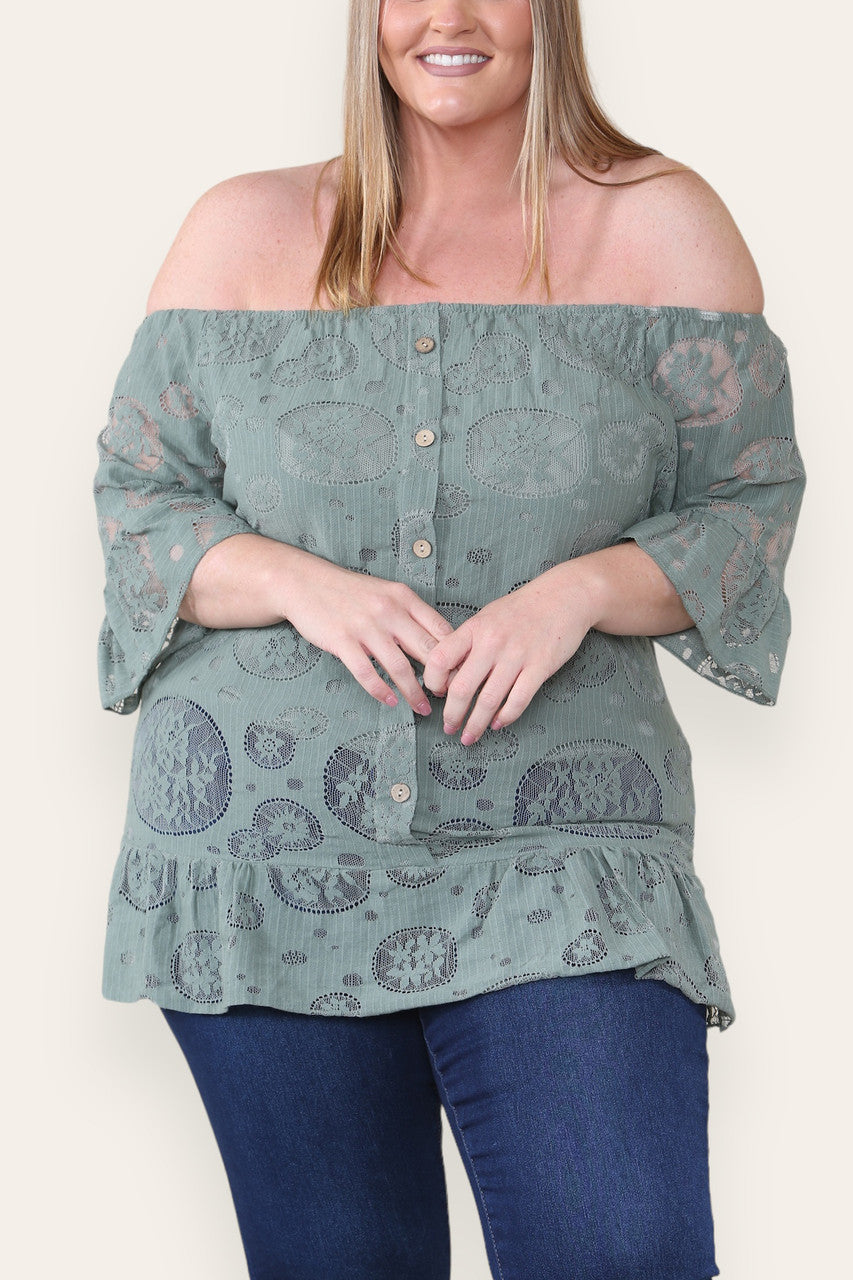 LACE FLORAL PATTERN BARDOT TOP KHAKI