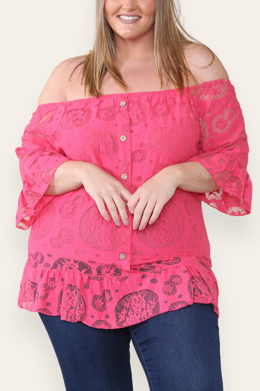 LACE FLORAL PATTERN BARDOT TOP CERISE