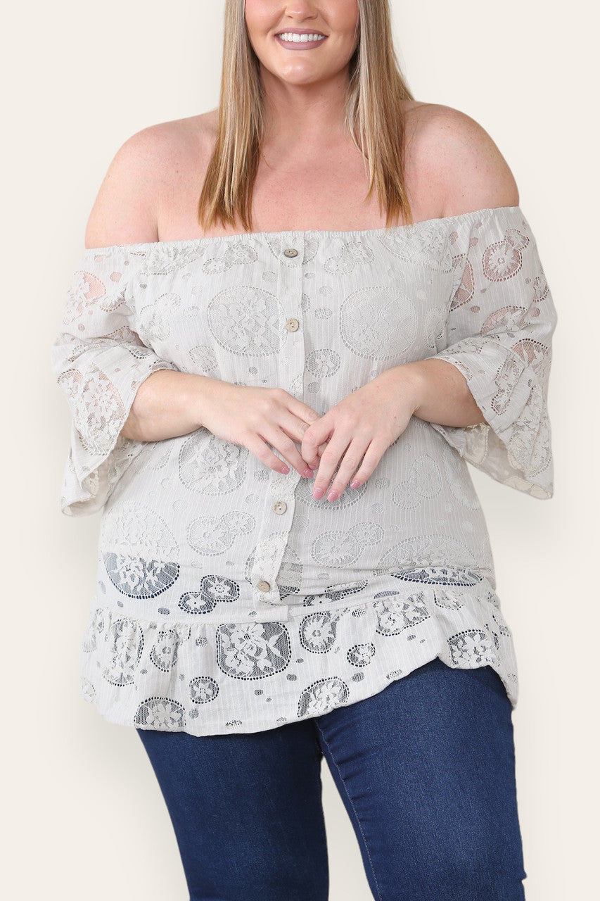 LACE FLORAL PATTERN BARDOT TOP STONE