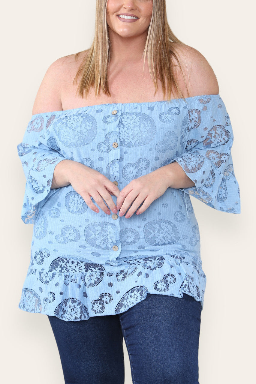 LACE FLORAL PATTERN BARDOT TOP SKY BLUE