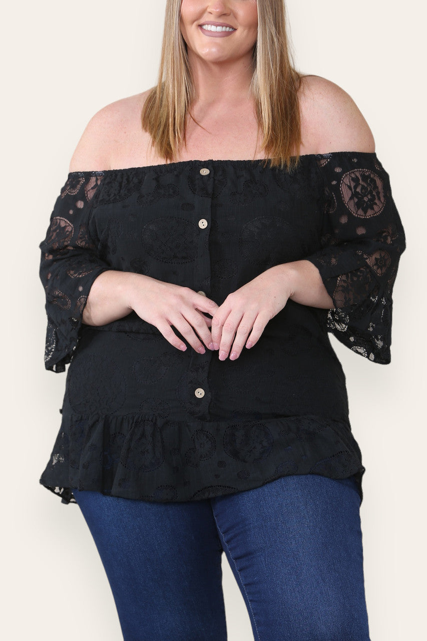 LACE FLORAL PATTERN BARDOT TOP BLACK