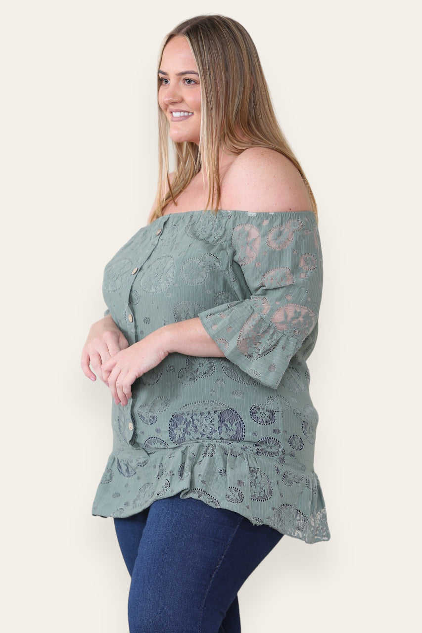 LACE FLORAL PATTERN BARDOT TOP KHAKI