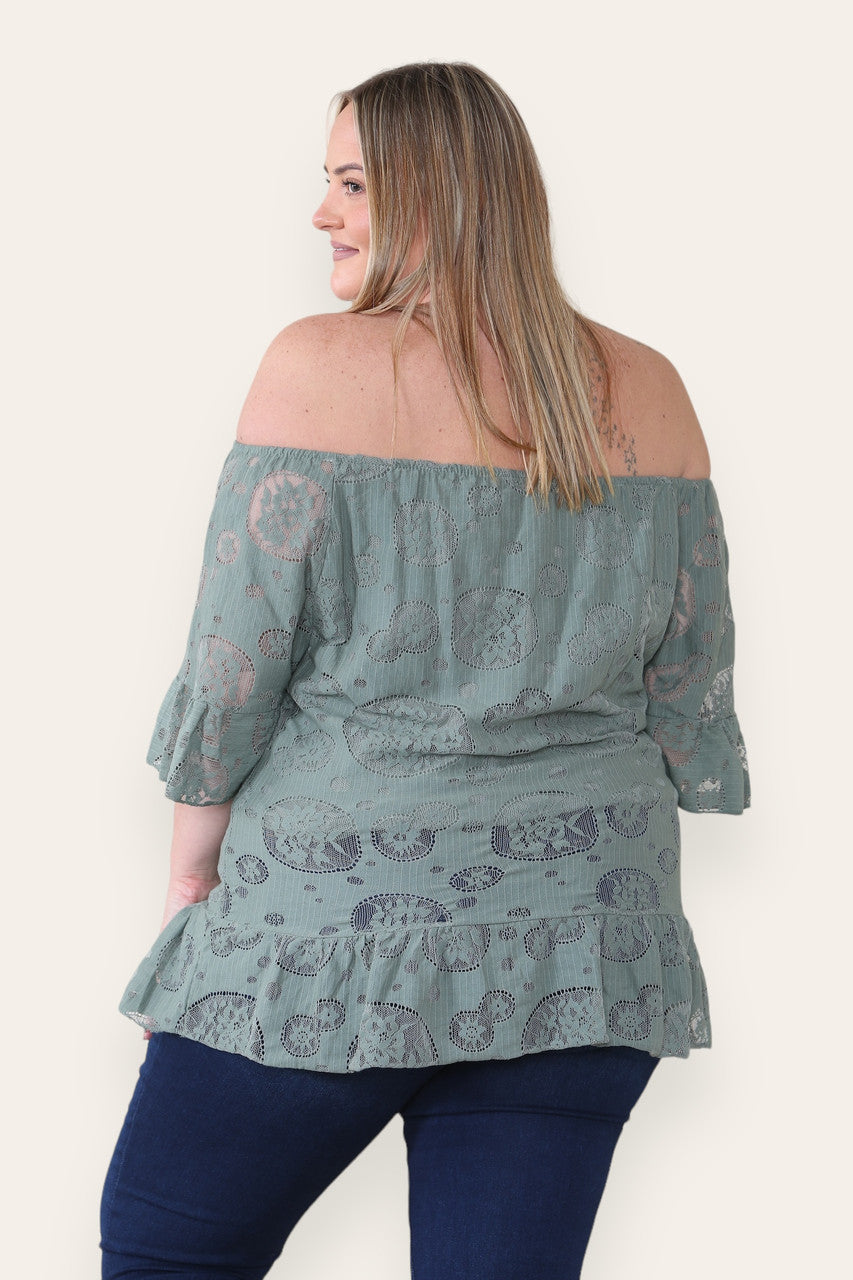 LACE FLORAL PATTERN BARDOT TOP KHAKI