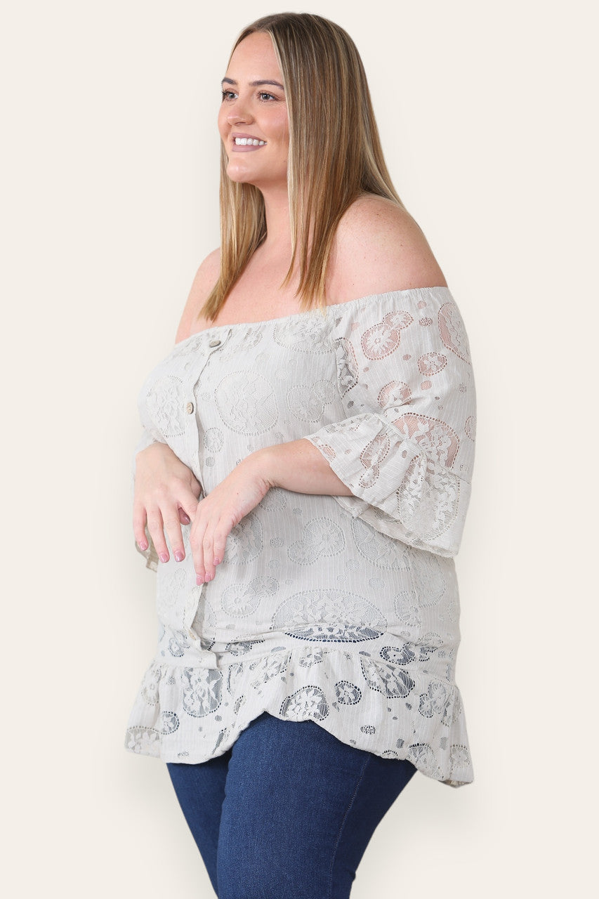 LACE FLORAL PATTERN BARDOT TOP STONE