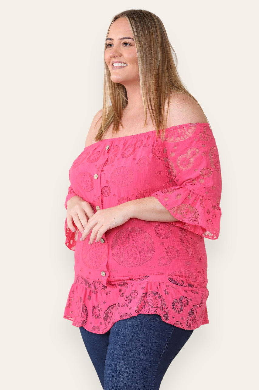 LACE FLORAL PATTERN BARDOT TOP CERISE