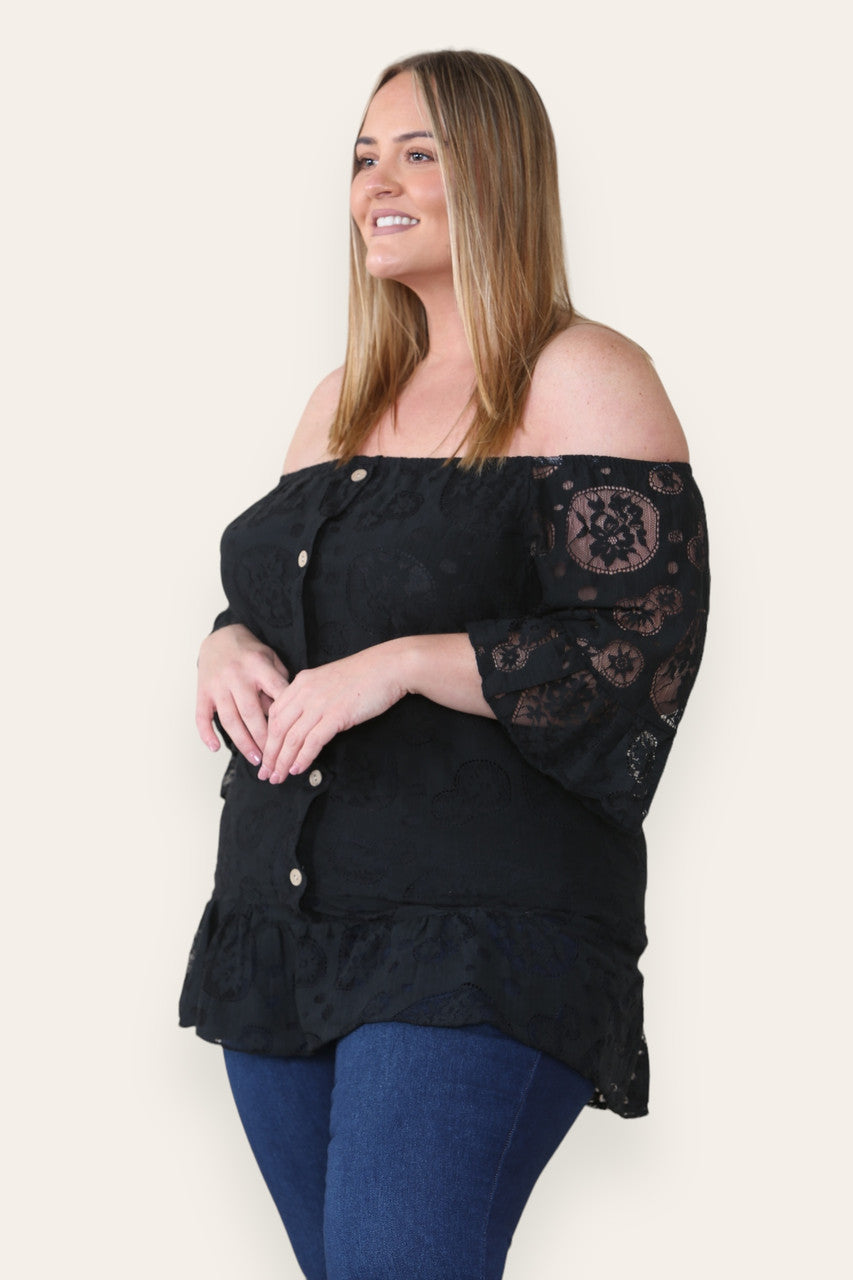 LACE FLORAL PATTERN BARDOT TOP BLACK