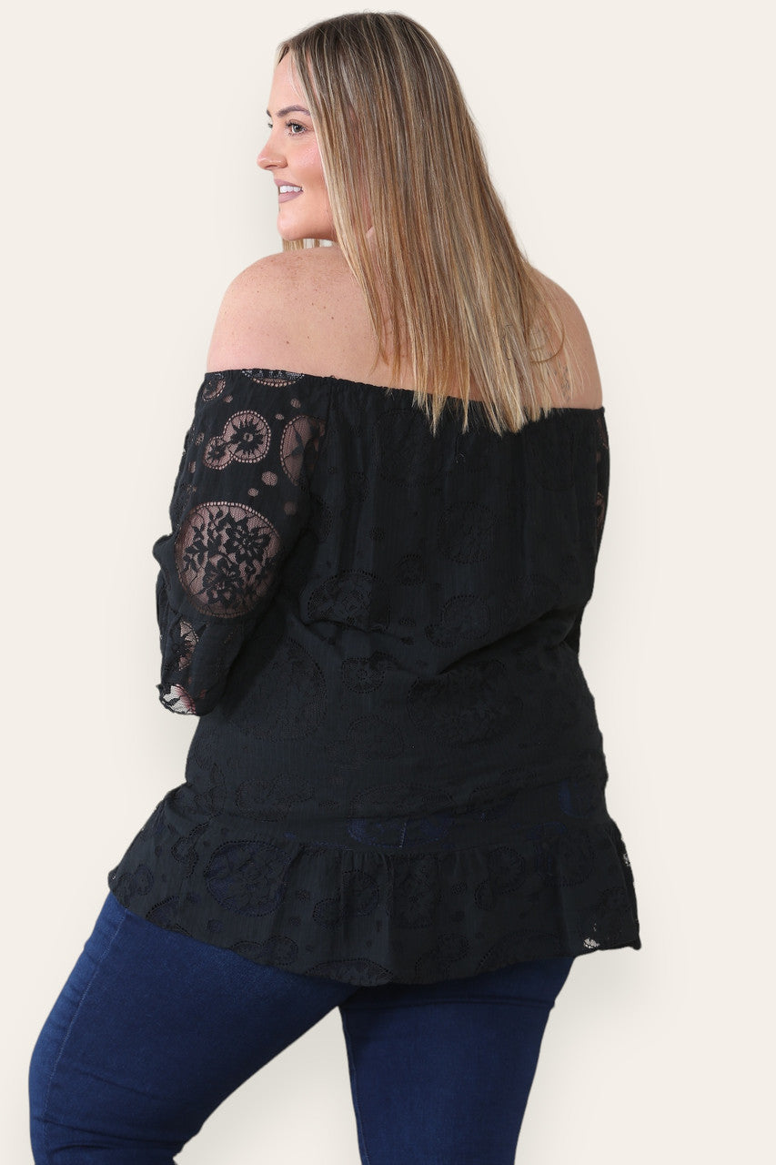 LACE FLORAL PATTERN BARDOT TOP BLACK