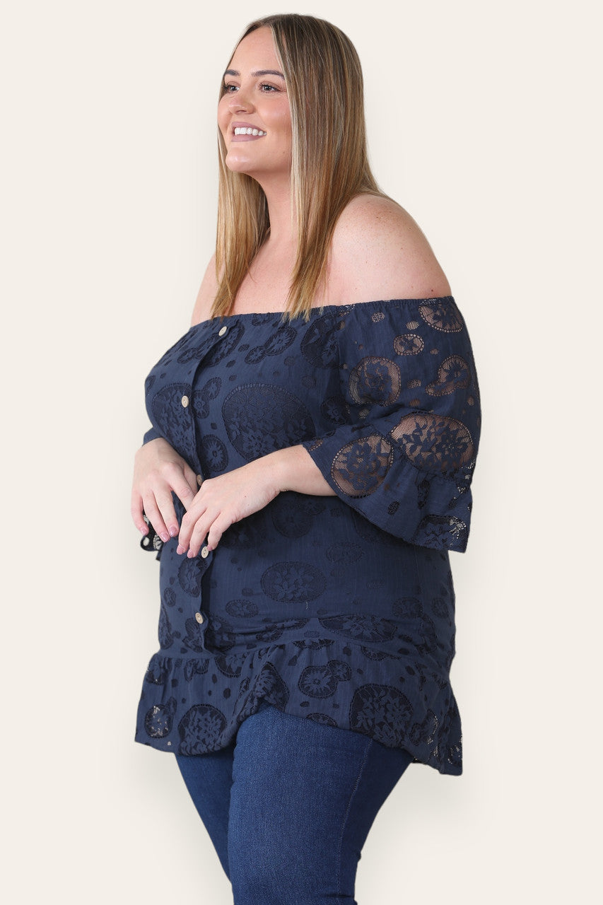 LACE FLORAL PATTERN BARDOT TOP NAVY