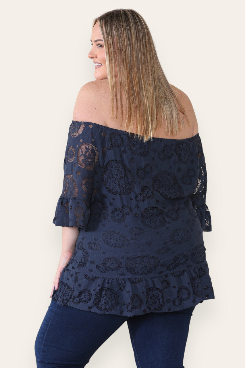 LACE FLORAL PATTERN BARDOT TOP NAVY